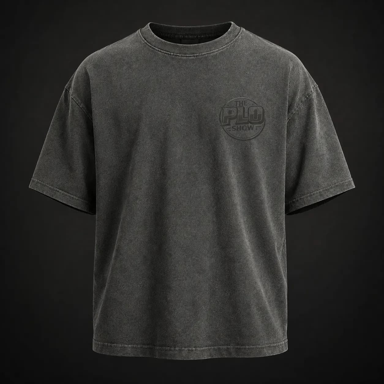 PLO Show Shadow Heavyweight Tee in washed black with tonal blackout chest logo, front view